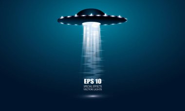 Yabancı gemi. Vektör çizim. Mavi bir arka plan üzerinde UFO. Işık kızdırma.