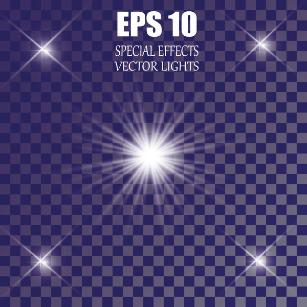 Set of Vector glowing light effect stars bursts with sparkles on transparent background.