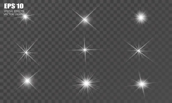 Ensemble d'étoiles à effet de lumière vive vectorielle éclate avec des étincelles sur fond transparent . — Image vectorielle