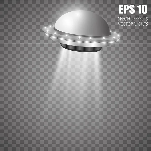 Ακτίνα φωτός UFO, εξωγήινοι φουτουριστικό διαστημόπλοιο απομονώνονται σε διαφανές φόντο καρώ διανυσματικά εικονογράφηση. Πιατάκι μεταφορών στο σκοτάδι — Διανυσματικό Αρχείο