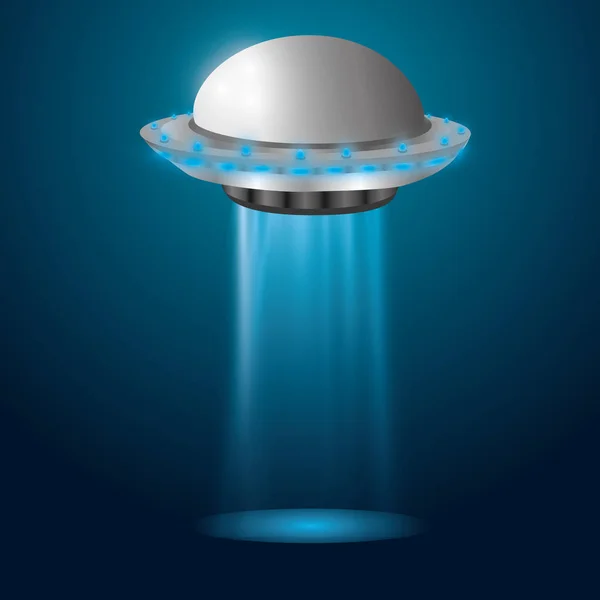 Kapal alien. Vektor ilustrasi. UFO dengan latar belakang biru. Cahaya dari cahaya. . - Stok Vektor
