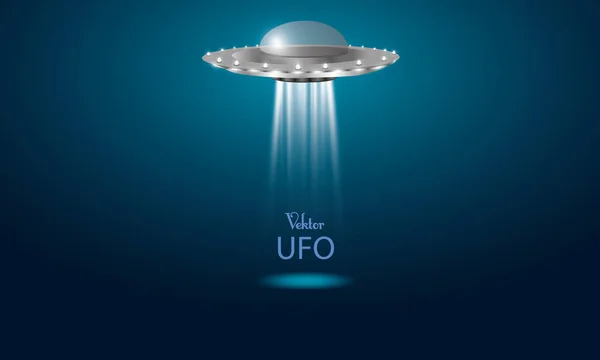 Das fremde Schiff. Vektorillustration. Ufo auf blauem Hintergrund. der Schein des Lichts. — Stockvektor