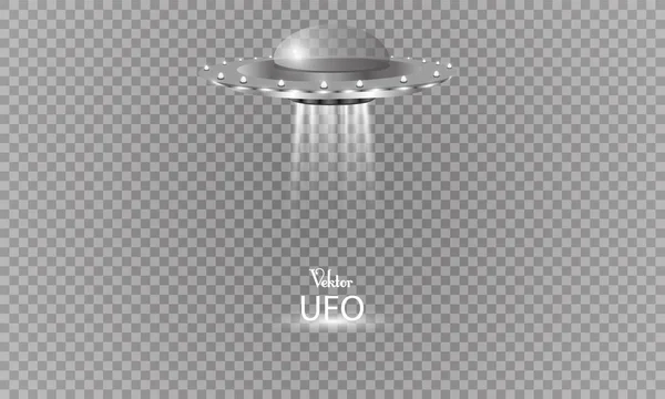 Ufo가 광선, 투명 바둑판 무늬 배경에 고립 된 미래 우주선 외계인 벡터 일러스트 레이 션. 어둠 속에서 접시 전송 — 스톡 벡터