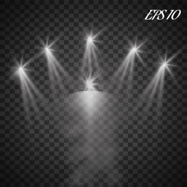 Ekose arka planda izole edilmiş sahne ışıklandırması için gerçekçi vektör parlak projektörleri seti. Özel ışık efektleri koleksiyonu
