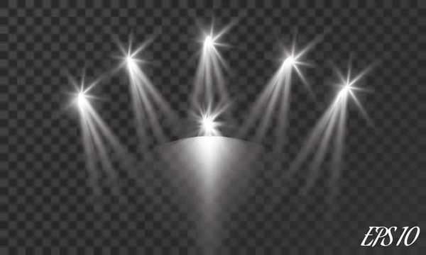 Conjunto de projetores brilhantes vetoriais realistas para iluminação de cena isolados em fundo xadrez. Coleta de efeitos especiais de luz —  Vetores de Stock