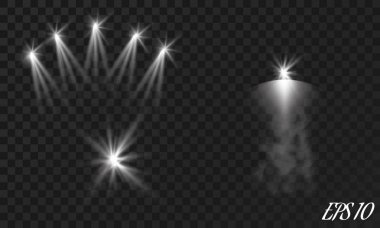 Ekose arka planda izole edilmiş sahne ışıklandırması için gerçekçi vektör parlak projektörleri seti. Özel ışık efektleri koleksiyonu