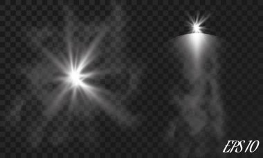 Ekose arka planda izole edilmiş sahne ışıklandırması için gerçekçi vektör parlak projektörleri seti. Özel ışık efektleri koleksiyonu