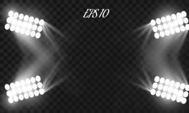 Saydam arka plan üzerinde vektör projektör. Beyaz ıșık etkisi. Parlak aydınlatma. Sahne aydınlatma efektleri. Tasarım şablonu.