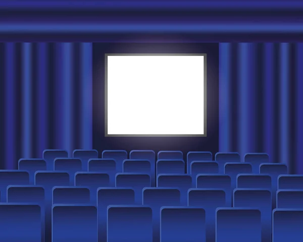 Auditorio de cine con asientos azules y pantalla en blanco. Ilustración vectorial — Archivo Imágenes Vectoriales