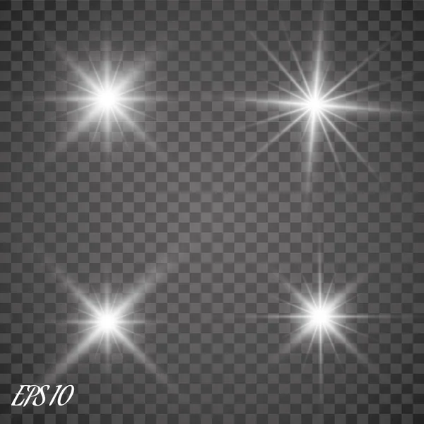 Conjunto de estrelas de efeito de luz brilhante vetorial explode com brilhos sobre fundo transparente . —  Vetores de Stock