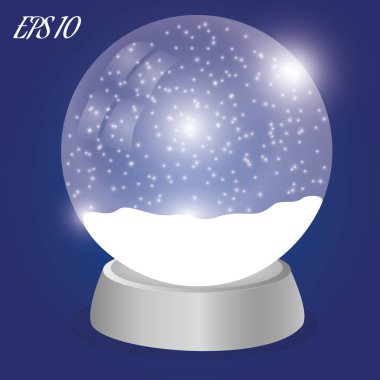 Kristal küre mavi bir arka plan üzerinde. Kar, gümüş bir stand ile topu.