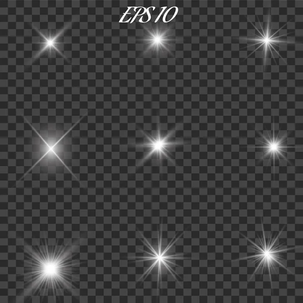 Luces brillantes, estrellas y destellos. Aislado sobre fondo negro transparente. Ilustración vectorial — Vector de stock