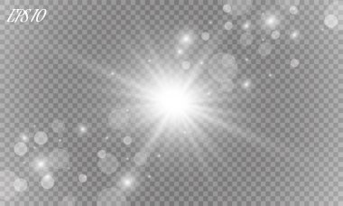 Lens flare ışık etkisi. Güneş ışınları şeffaf arka plan üzerinde izole kiriş. Vektör çizim.
