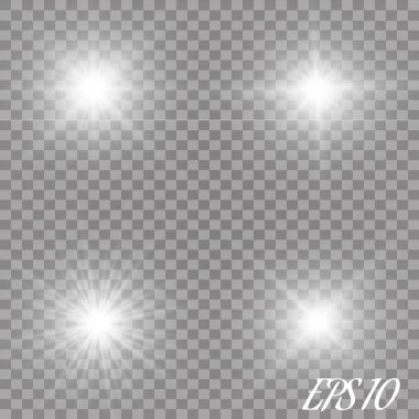 Lens flare ışık etkisi. Güneş ışınları şeffaf arka plan üzerinde izole kiriş. Vektör çizim.