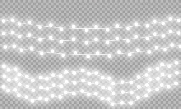 Gloeiende Christmas lights geïsoleerde realistische ontwerpelementen. Slingers, kerstversiering licht effecten — Stockvector