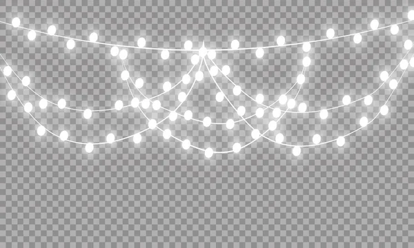 Świecące Christmas lights na białym tle realistyczne elementy. Girlandy, ozdoby świąteczne oświetlenie efekty — Wektor stockowy