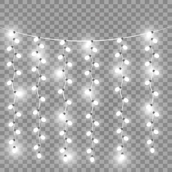 Świecące Christmas lights na białym tle realistyczne elementy. Girlandy, ozdoby świąteczne oświetlenie efekty — Wektor stockowy