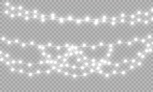 Luces de Navidad brillantes aislados elementos de diseño realistas. Guirnaldas, decoraciones navideñas luces efectos — Vector de stock