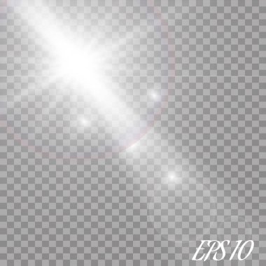 Lens flare ışık etkisi. Güneş ışınları şeffaf arka plan üzerinde izole kiriş. Vektör çizim.