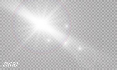 Lens flare ışık etkisi. Güneş ışınları şeffaf arka plan üzerinde izole kiriş. Vektör çizim.