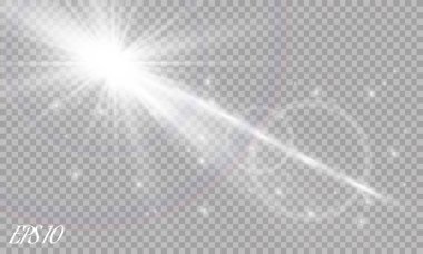 Lens flare ışık etkisi. Güneş ışınları şeffaf arka plan üzerinde izole kiriş. Vektör çizim.