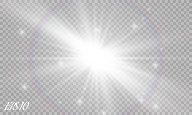 Lens flare ışık etkisi. Güneş ışınları şeffaf arka plan üzerinde izole kiriş. Vektör çizim.