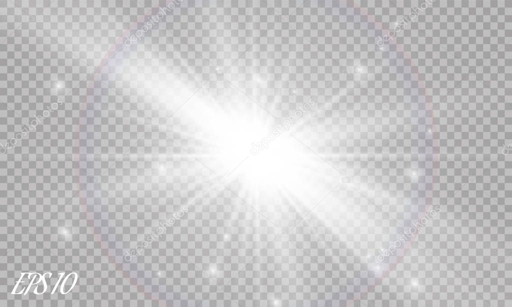 Lens flare light effect. Sun rays with beams isolated on transparent background. Vector illustration.