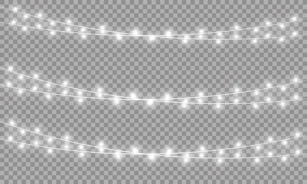 Luces de Navidad brillantes aislados elementos de diseño realistas. Guirnaldas, decoraciones navideñas luces efectos — Vector de stock