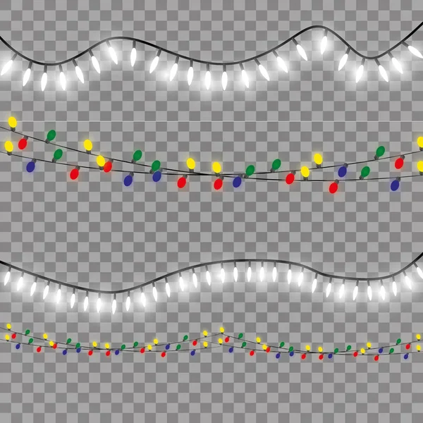 Luces de Navidad brillantes aislados elementos de diseño realistas. Guirnaldas, decoraciones navideñas luces efectos — Vector de stock