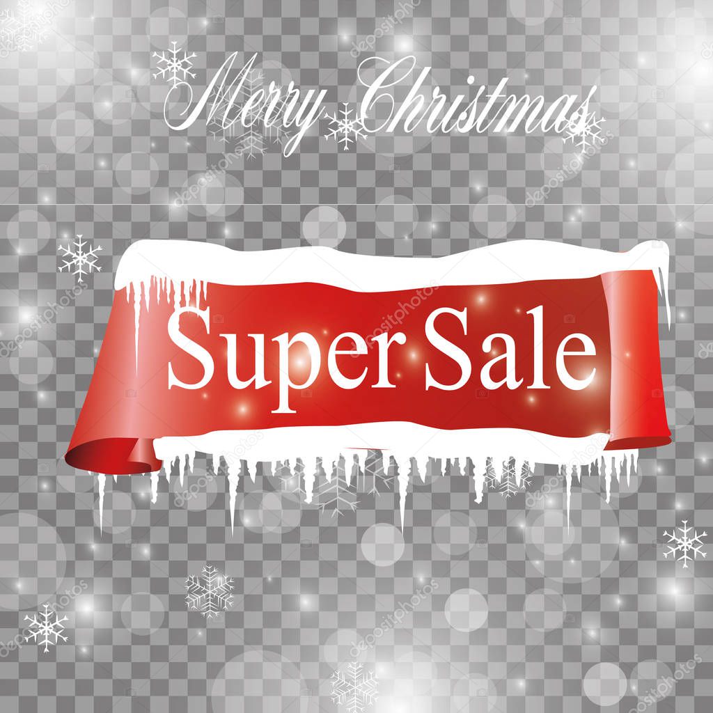 Winter sale background with red realistic ribbon banner and snow. Vector illustration