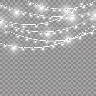 Şeffaf arka planda izole edilmiş Noel ışıkları. Parlayan Xmas çelengi. Vektör illüstrasyonu