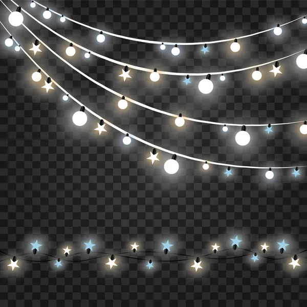 Luzes de Natal isoladas em fundo transparente. Xmas guirlanda brilhante. Ilustração vetorial — Vetor de Stock