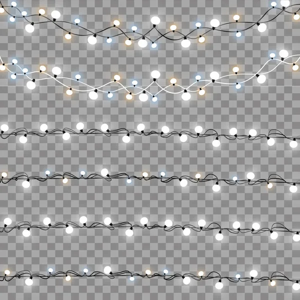 Weihnachtsbeleuchtung Isoliert Realistische Gestaltungselemente Leuchtende Lichter Für Das Weihnachtsgrußkartendesign Girlanden — Stockvektor