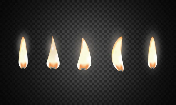 Set Fire Flame Realistic Candle Flame Isolated Black Background — Stock Vector