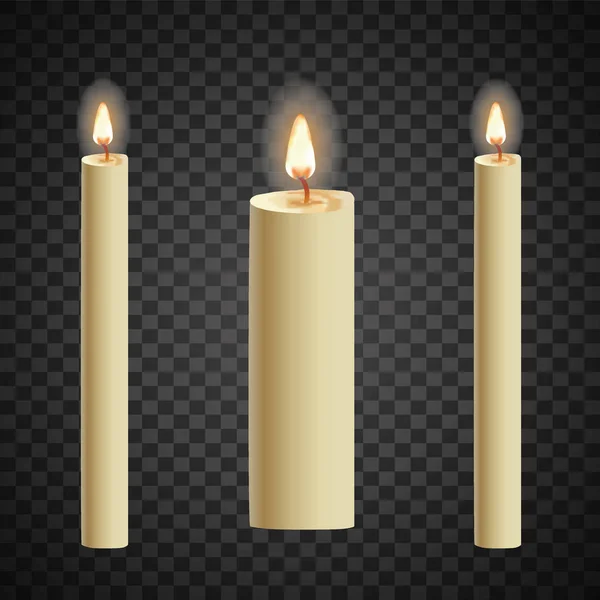 Candele Fiamma Realistico Set Isolato Sfondo Scuro Vettore Illustrazione — Vettoriale Stock