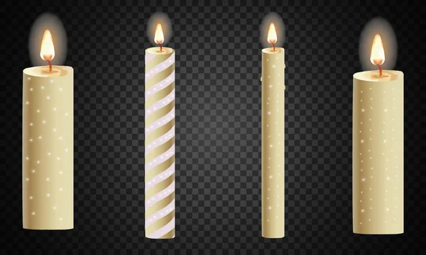 Candles Flame Realistic Set Isolated Dark Background Vector Illustration — Stock Vector