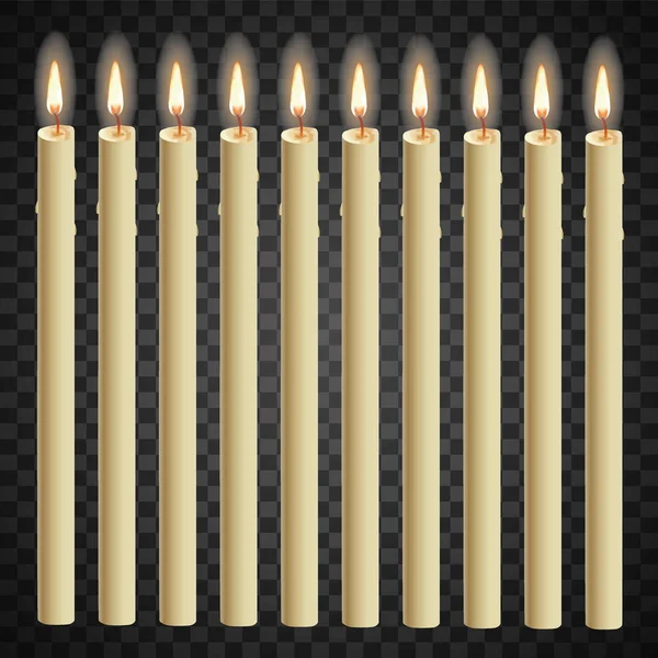 Set Realistic Paraffin Candles Isolated Transparent Background Vector Illustration — Stock Vector