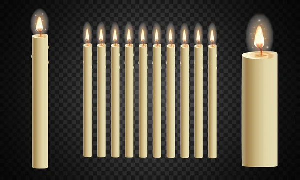 Set Realistic Paraffin Candles Isolated Transparent Background Vector Illustration — Stock Vector