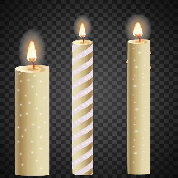 Candles Flame Realistic Set Isolated Dark Background Vector Illustration — Stock Vector