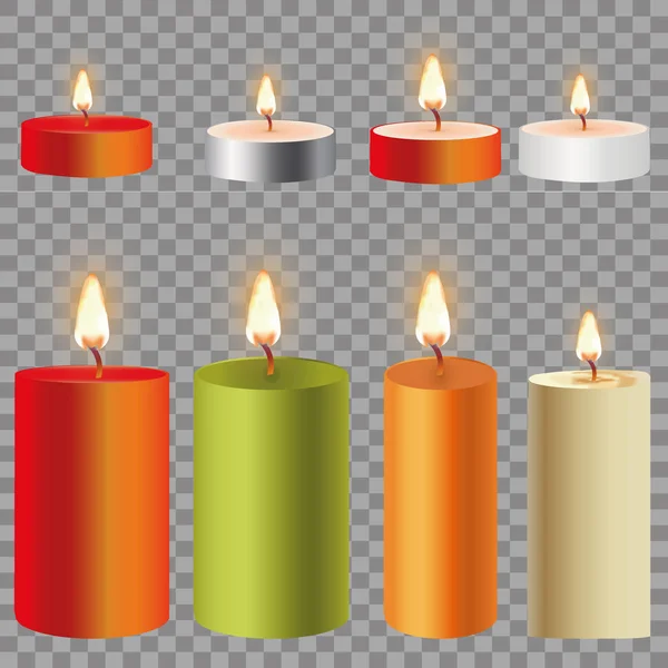 Set Realistic Paraffin Candles Isolated Transparent Background Vector Illustration — Stock Vector