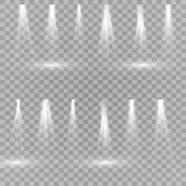 Olay yeri aydınlatma koleksiyonu, şeffaf efektler. Sahne ışıklarıyla parlak ışıklandırma.