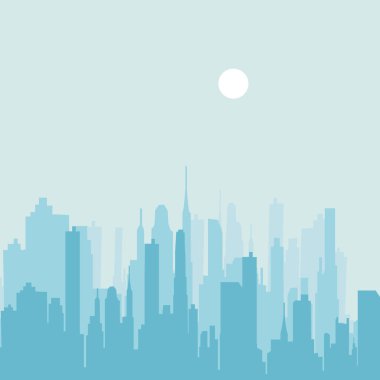 Şehir manzarası vektör çizim. Kentsel peyzaj. Mavi şehir silueti. Cityscape düz tarzı. Modern şehir manzarası. Cityscape arka planlar. Gündüz şehir manzarası.