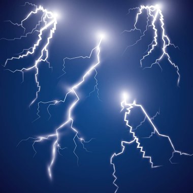 Vektör halat. Elektrik Aydınlatma etkisi. Koyu mavi zemin üzerine yıldırım gök gürültüsü. Bir sembol doğal güç ya da büyü. Işık ve parlaklık, soyutlama, elektrik ve patlama.