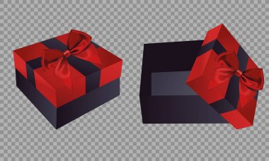 Kırmızı siyah bir kırmızı kurdele yay ile açık ve kapalı kutudur. İki kutu'a kadar açık. Saydam bir arka plan üzerinde.