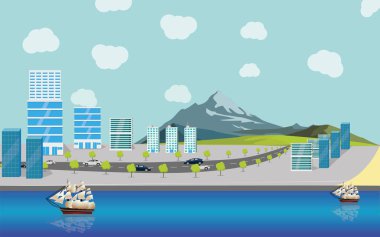 Şehir manzarası siluet arka plan. Vektör çizim. Düz bir stil şehir silüeti. Modern kentsel landscape.vector illüstrasyon