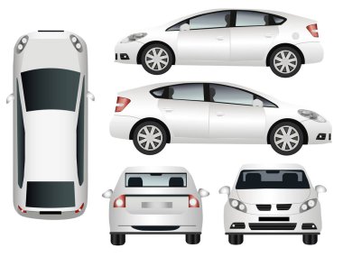 Beyaz otomobil markası Bmv. araç marka düzeni. Yan, ön, arka, üstten görünüm. Grupta ayrı katmanlardaki tüm element. Beyaz arka plan üzerinde araba vektör şekli