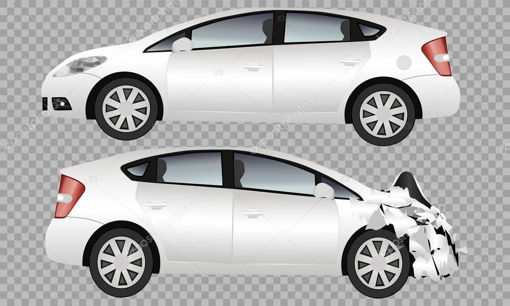 The white car got into an accident. Car branding layout, Accident car with front, crumpled hood. Two cars, before the accident and after. All elements in groups on separate layers. Car vector pattern on a white background.