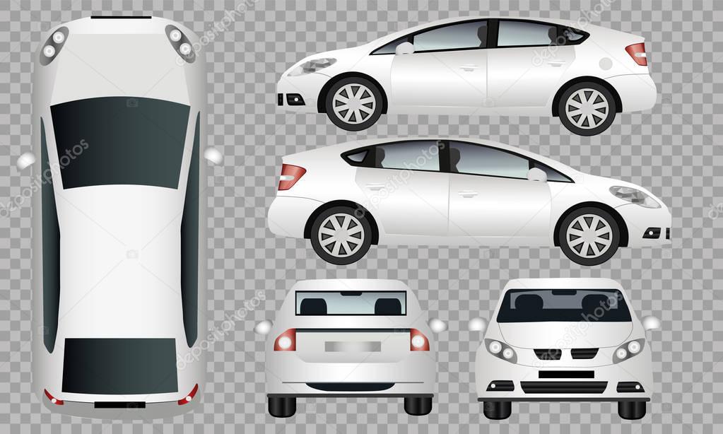 White car brand BMV. Car branding layout. Side, front, rear, top view. All elements in groups on separate layers. Car vector pattern on white background