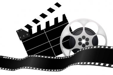Online sinema film Reel ve Clapper kurulu arka plan. Vektör el ilanı veya Poster. Film endüstrisi Illustration. Tasarım şablonu