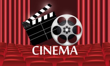 Online sinema film Reel ve Clapper kurulu arka plan. Vektör el ilanı veya Poster. Film endüstrisi Illustration. Tasarım şablonu